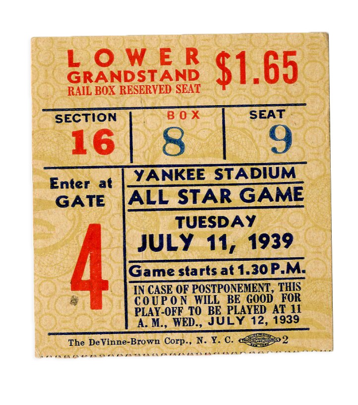 Historic New York Yankee Baseball Collection - High Grade 1939 All Star Game Ticket Stub