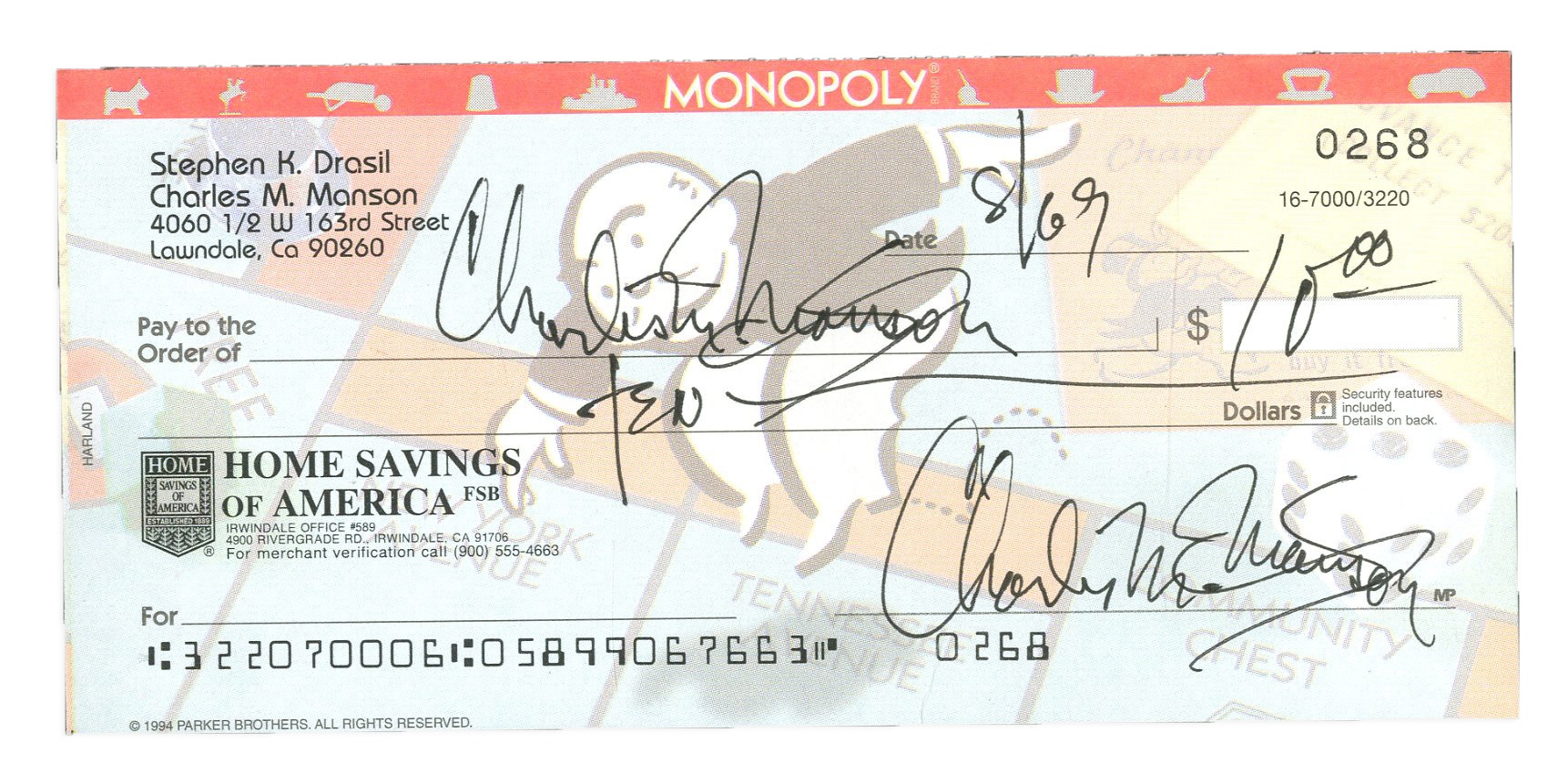 - Charles Manson Twice Signed Check