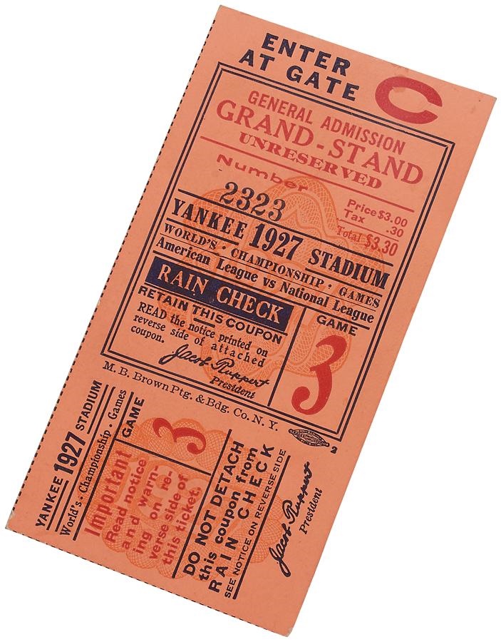 Tickets, Publications & Pins - 1927 World Series Game 3 Ticket
