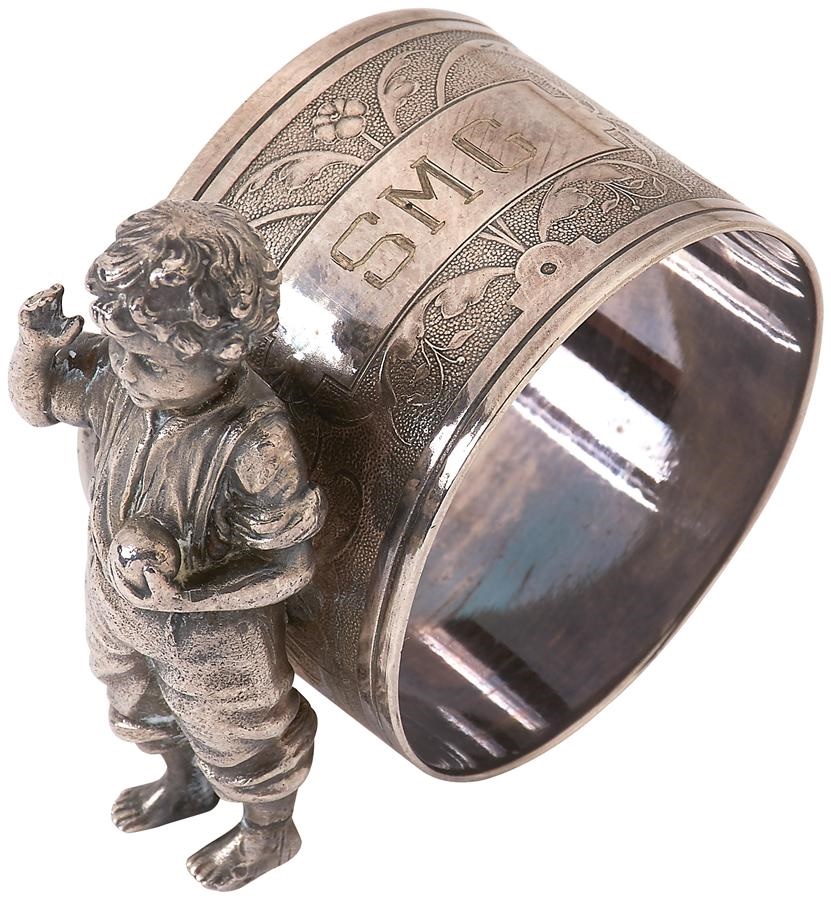 - Turn of the Century Silver Napkin Ring with Baseball Player