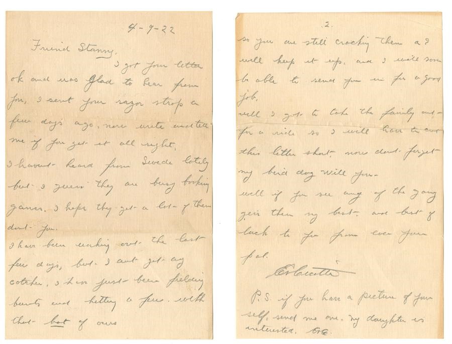 1922 Eddie Cicotte Signed Handwritten Letter with Black Sox Content