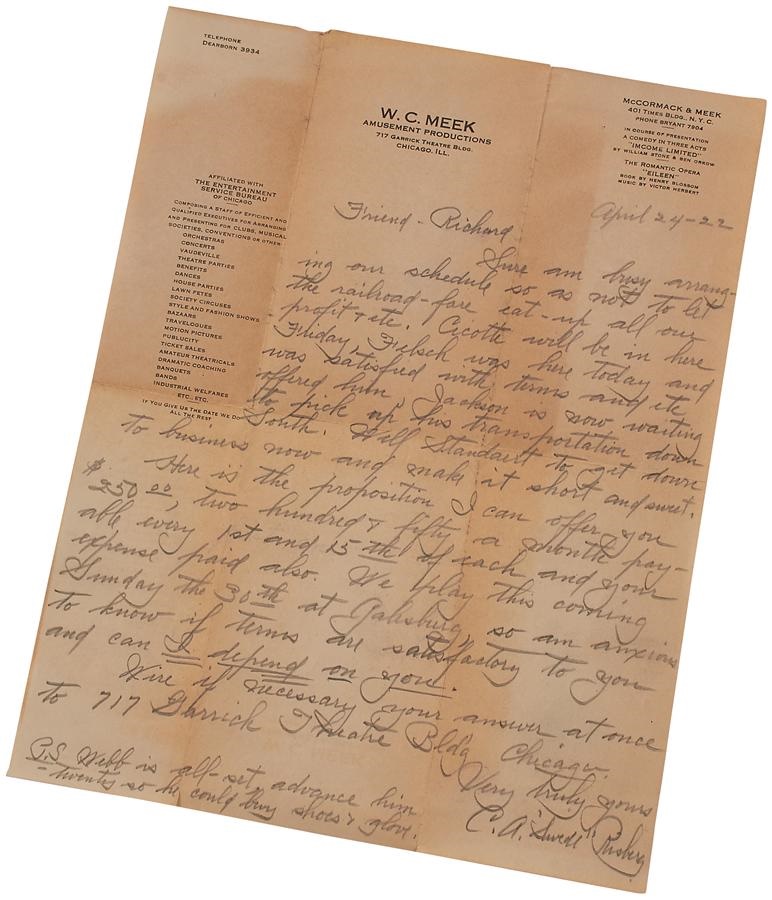 1922 Swede Risberg Signed Handwitten Letter with Joe Jackson Content
