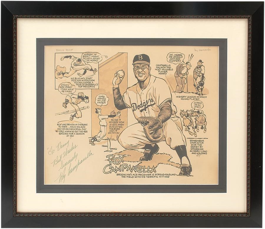Jackie Robinson & Brooklyn Dodgers - 1953 Roy Campanella Signed Original Artwork