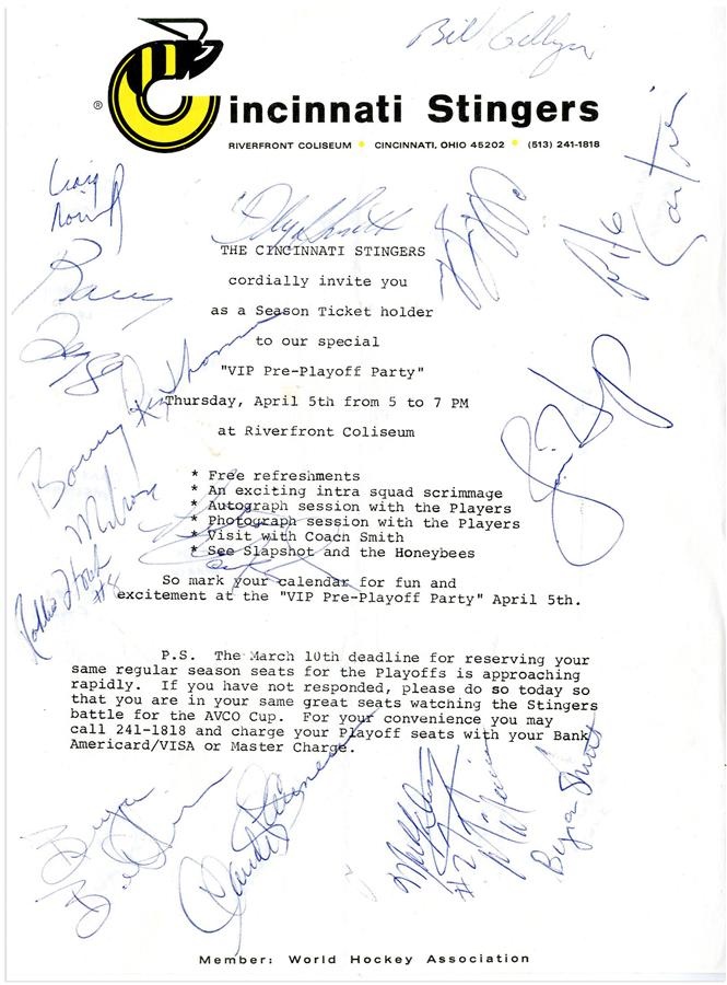 Hockey - 1979 Cincinnati Stingers Signed Team Sheet