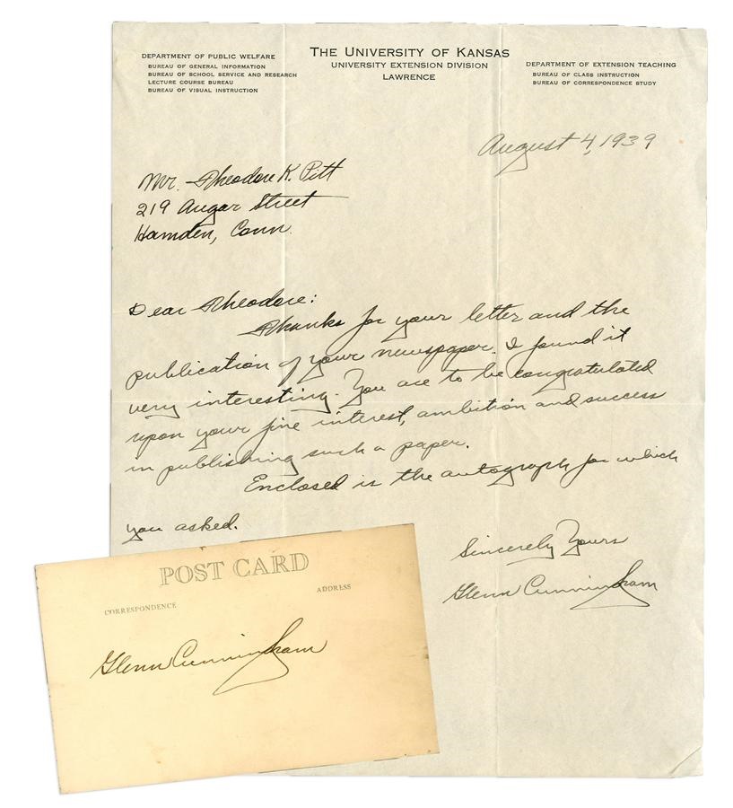 1939 Glenn Cunningham "Record Setting" Signed RPPC & Letter (2)