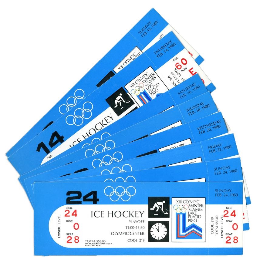 1980 Miracle on Ice & Olympics - Complete Set of 1980 U.S. Olympic Hockey Unused Tickets (8)