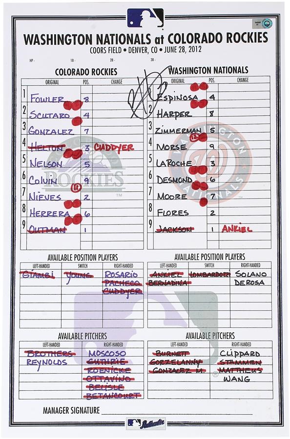 2012 Bryce Harper Signed Game Used Rookie Season Lineup Card with MLB Holo