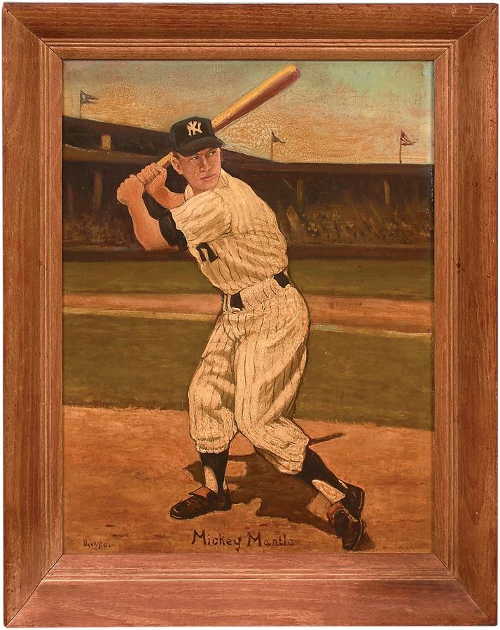 Mantle and Maris - Circa 1956 Mickey Mantle Oil Painting from Connecticut Bar
