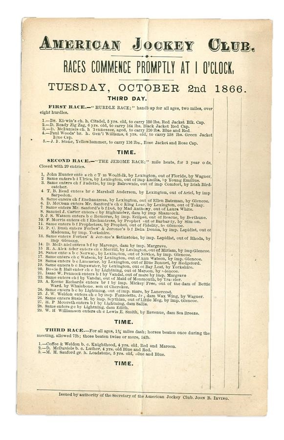 First Running of Jerome Stakes Program (1866)