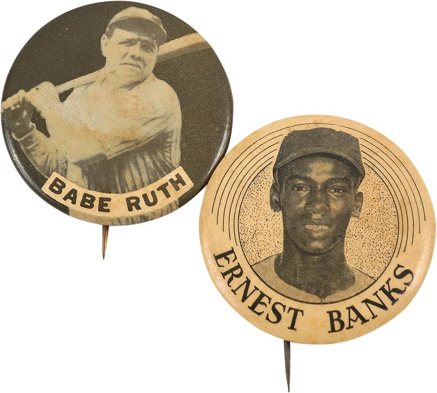 Tickets, Publications & Pins - Two Tough Stadium Pins - Ernie Banks & Babe Ruth