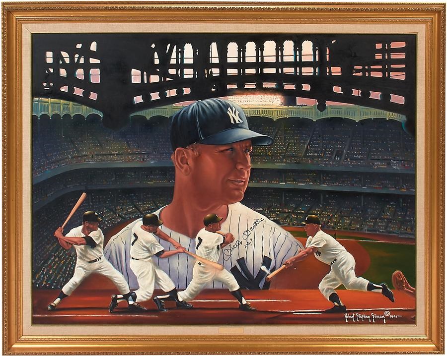 Robert Stephen Simon Collection of Sports Art - Mickey Mantle Signed "No.7" Oil Painting by Robert Stephen Simon
