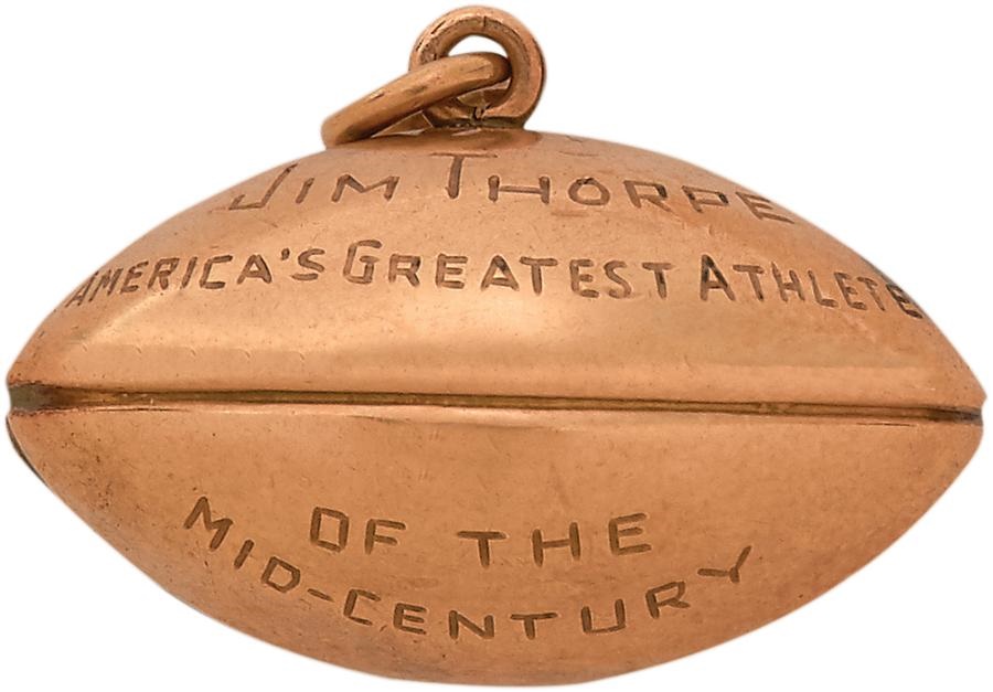 Sports Rings And Awards - 1950 Athlete of the Half Century Gold Football Pendant Presented to Jim Thorpe