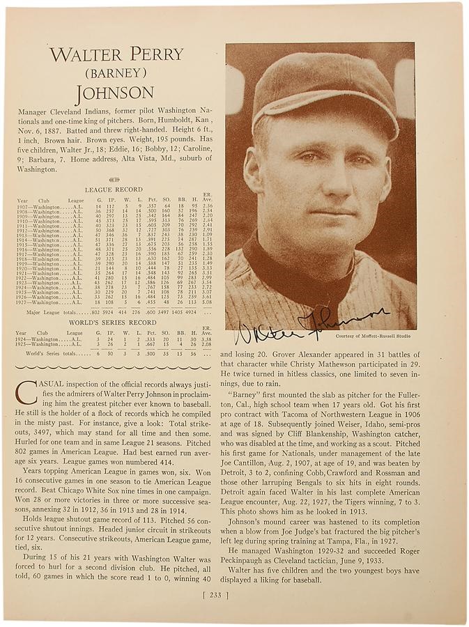 Baseball Autographs - 1933 Walter Johnson Signed "Who's Who In Baseball" Page