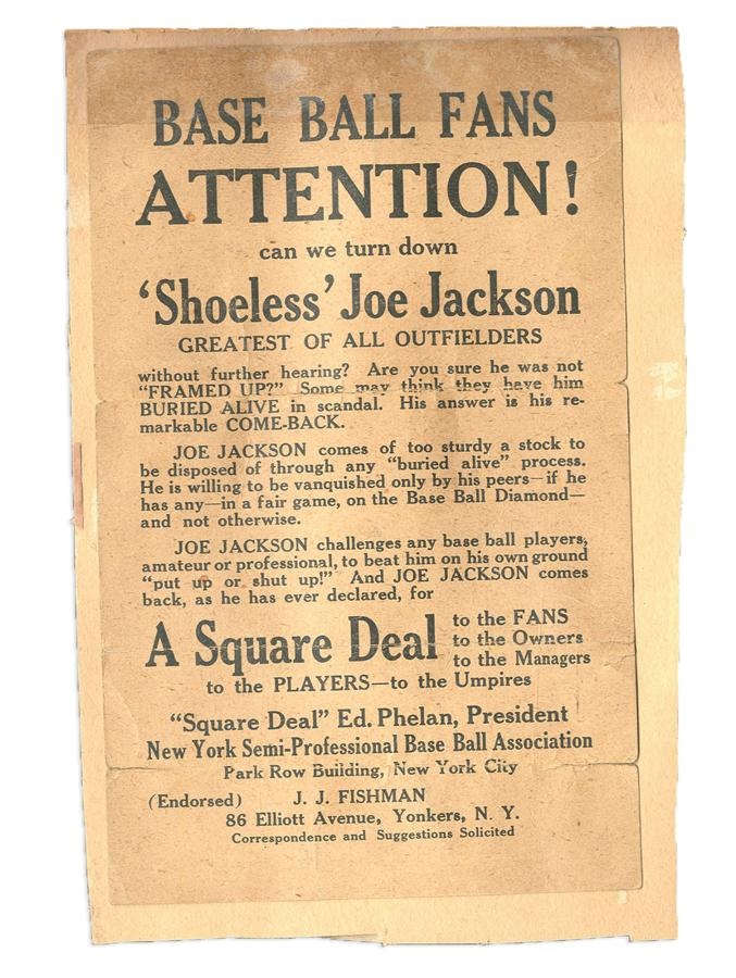 Baseball Memorabilia - 1922 Shoeless Joe Jackson Is Innocent Broadside (ex-Jackson Family Scrapbook)