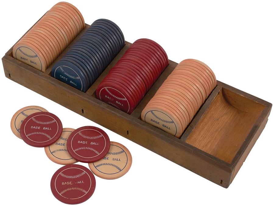 - 1910s "Base Ball" Red, White & Blue Poker Chips in Original Wooden Tray (90)