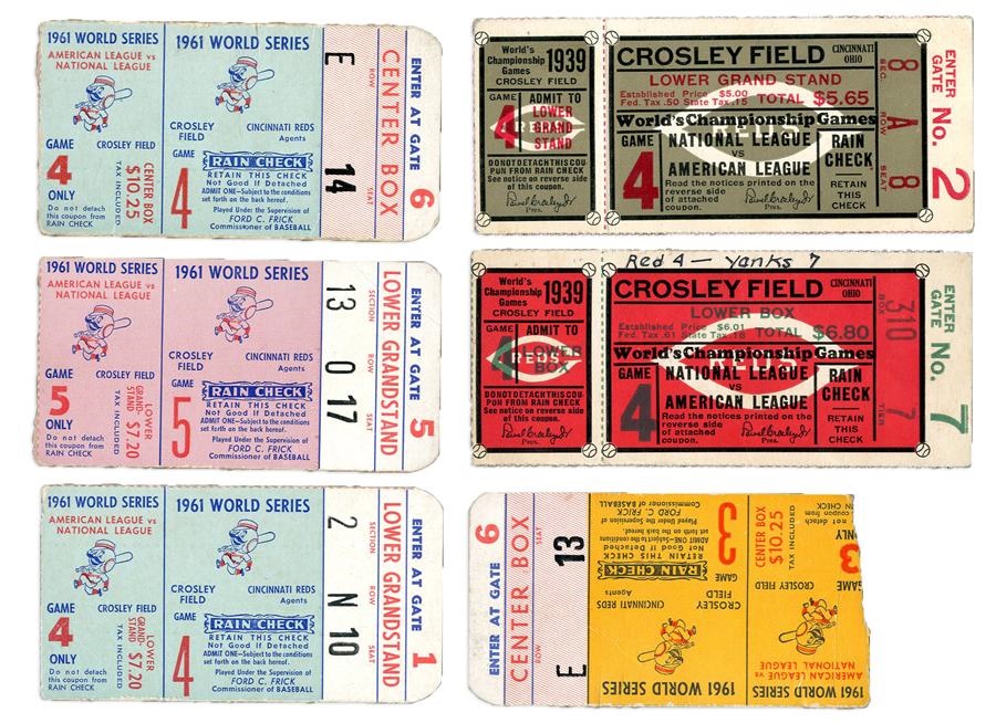 Tickets, Publications & Pins - 1939 & 1961 Crosley Field World Series Tickets (6)