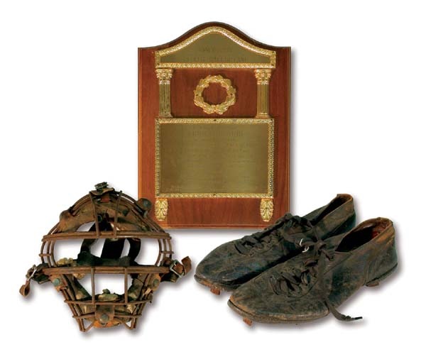 Pete Rose & Cincinnati Reds - 1930's Ernie Lombardi Game Worn Catcher's Mask, Spikes & Reds Hall of Fame Plaque