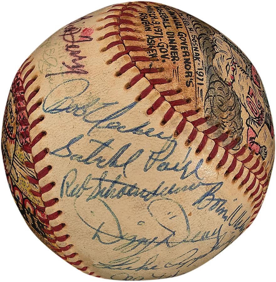 Sports Fine Art - George Sosnack 1971 Governor's Dinner Signed Baseball with Satchel Paige (JSA)