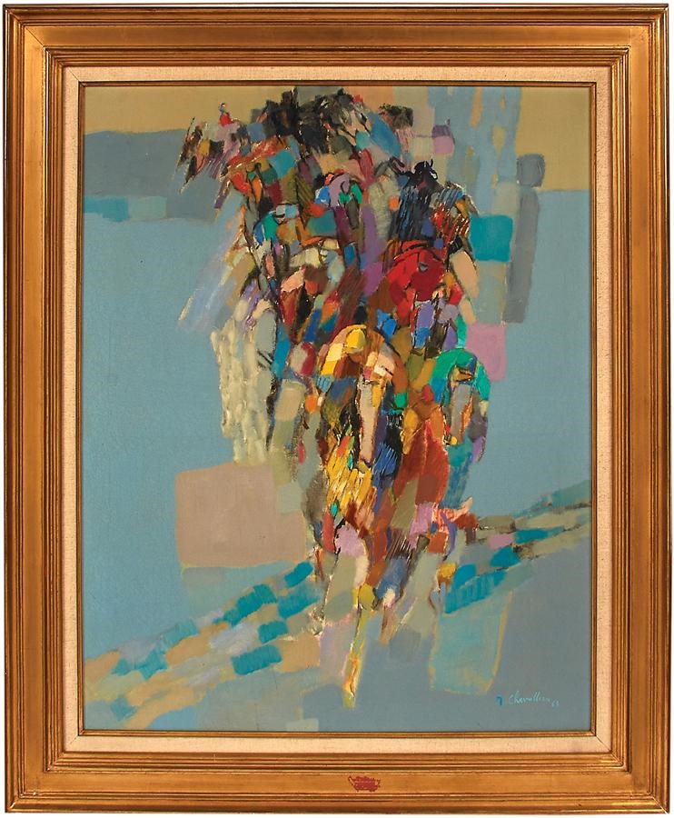 1963 "The Finish Line - A Horse Race" Abstract Oil on Canvas by French Modernist Jean Chevolleau (1924-1996)