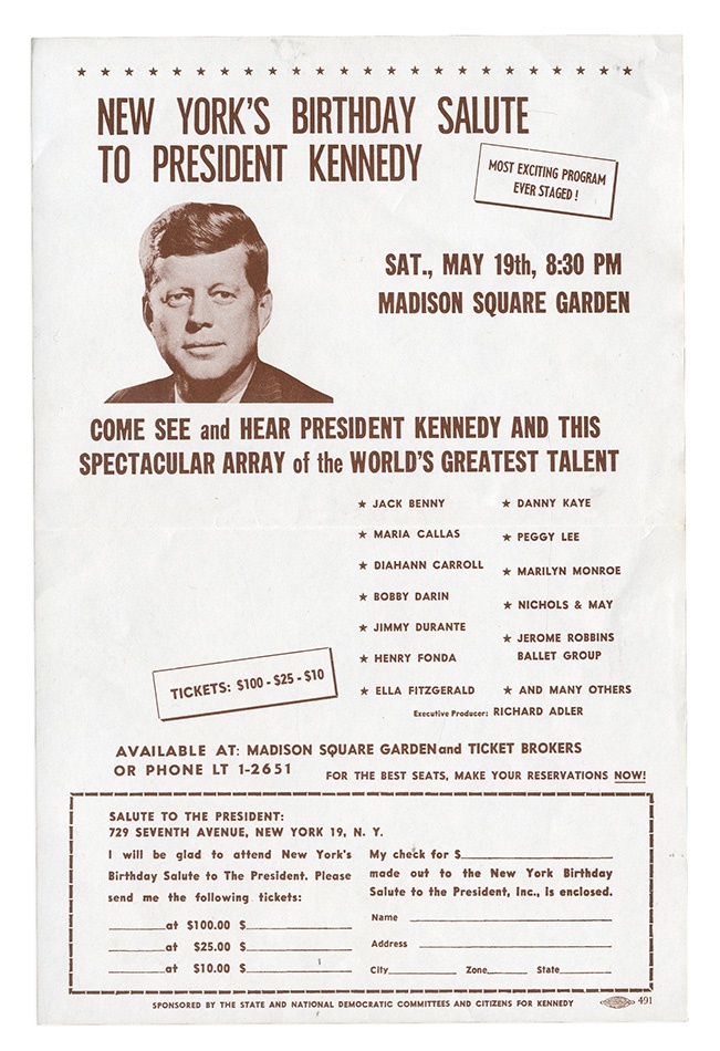 Rock And Pop Culture - JFK "Happy Birthday Mr. President" Marilyn Monroe Handbill