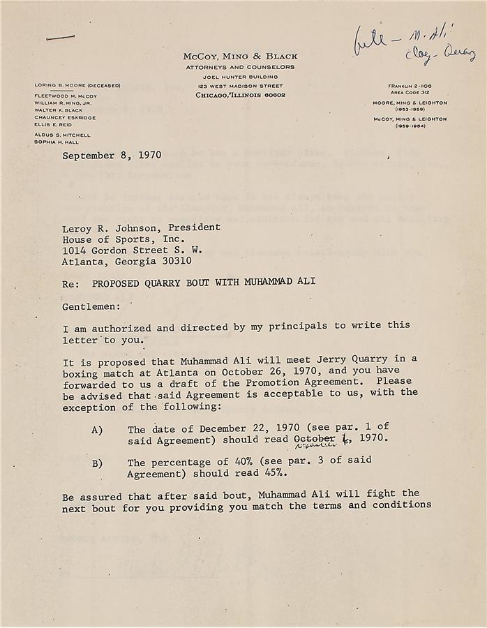 1970 Muhammad Ali Signed Fight Contract vs. Jerry Quarry