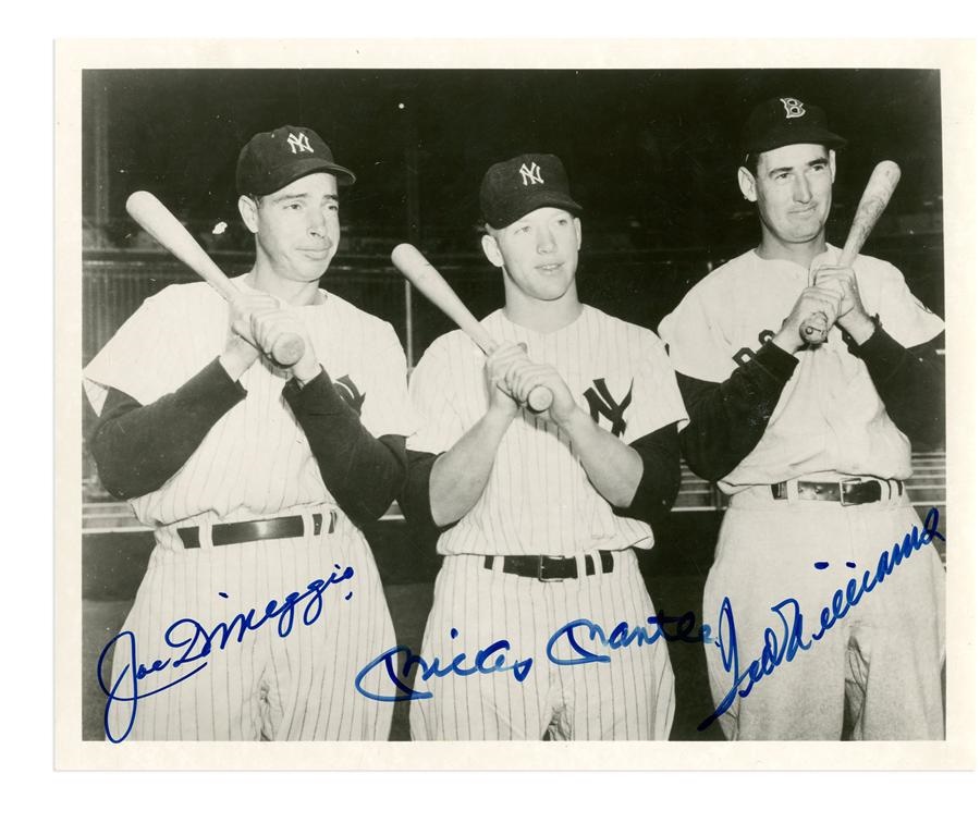 Baseball Autographs - Joe DiMaggio, Mickey Mantle & Ted Williams Signed Photograph