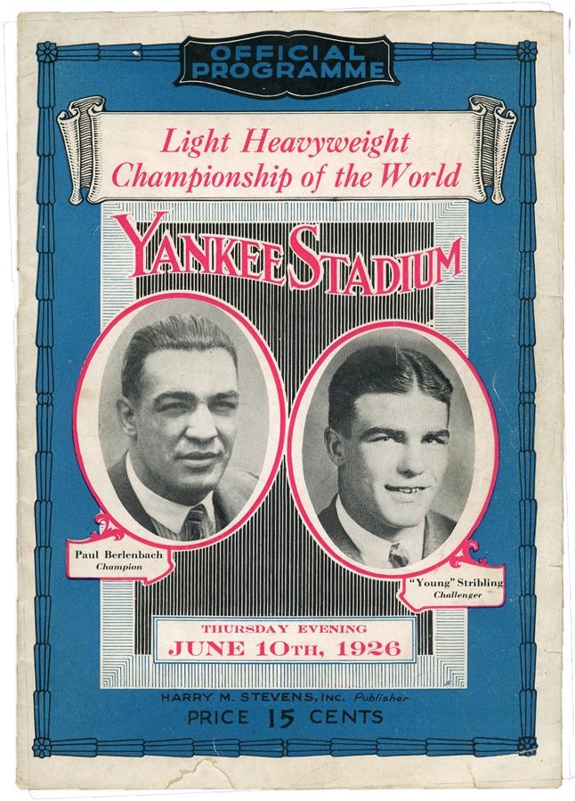 - 1926 Young Stribling vs. Paul Berlenbach Light Heavyweight Championship Boxing Program & Tickets (3)