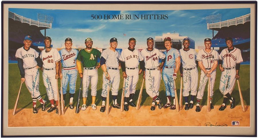 - 500 Home Run Club Signed Ron Lewis Lithograph Inscribed with Home Run Totals