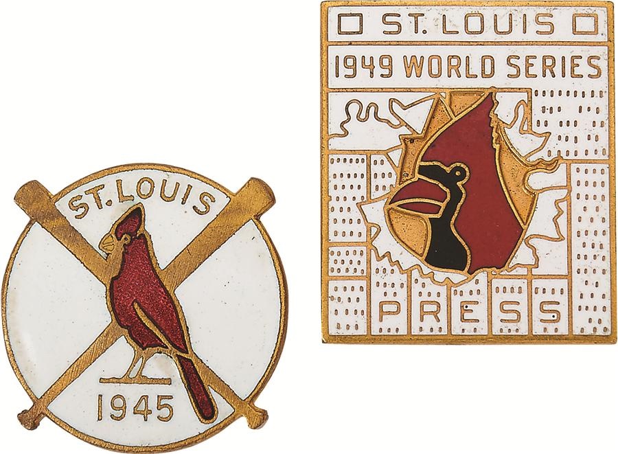 Tickets, Publications & Pins - Scarce 1945 & 1949 St. Louis Cardinals World Series Phantom Press Pins