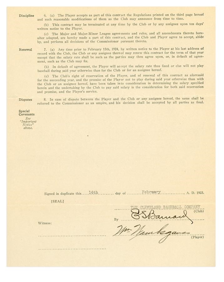 1923 Bill Wambsganss Cleveland Indians Signed Contract