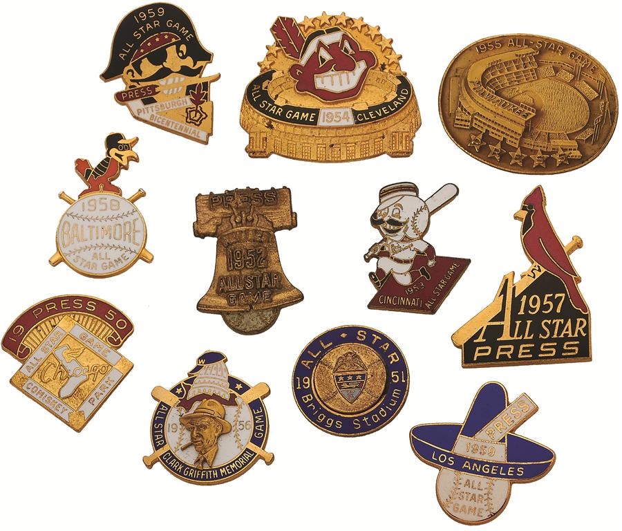 Tickets, Publications & Pins - 1950-59 All-Star Game Press Pins (11)