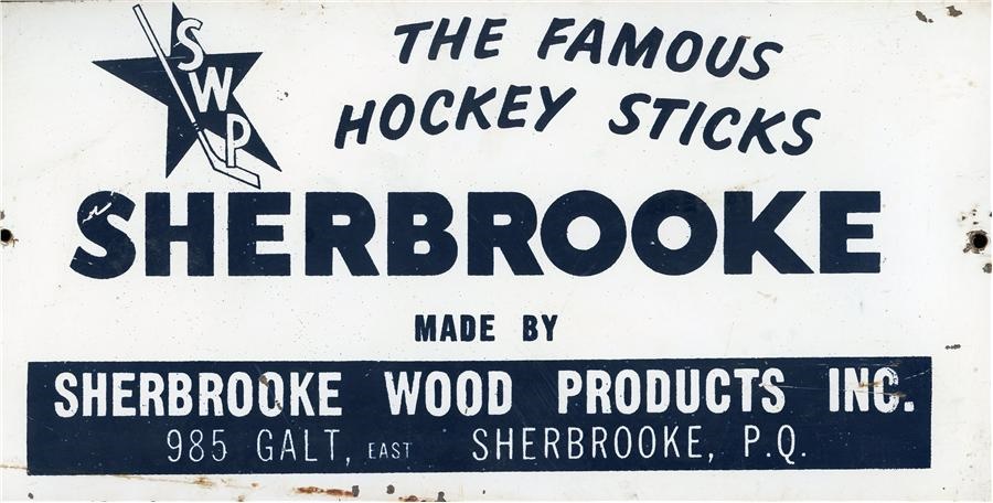 1960s Sherbrooke "Famous" Hockey Sticks Metal Advertising Sign From Stick Rack
