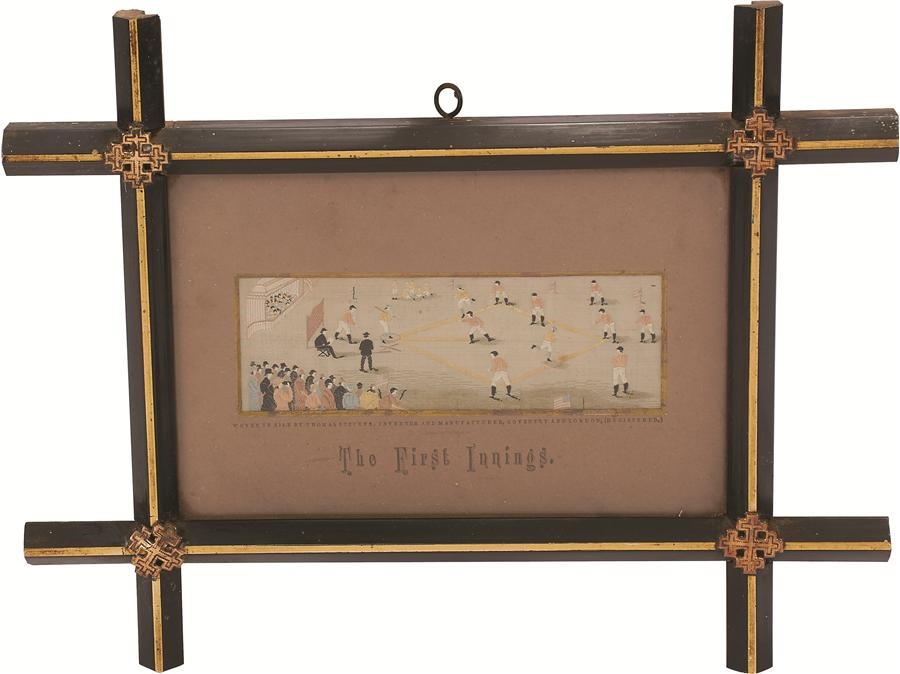 Early Baseball - 1880s "First Innings" Victorian Woven Silk Stevensgraph - Only One Known, In Original Frame