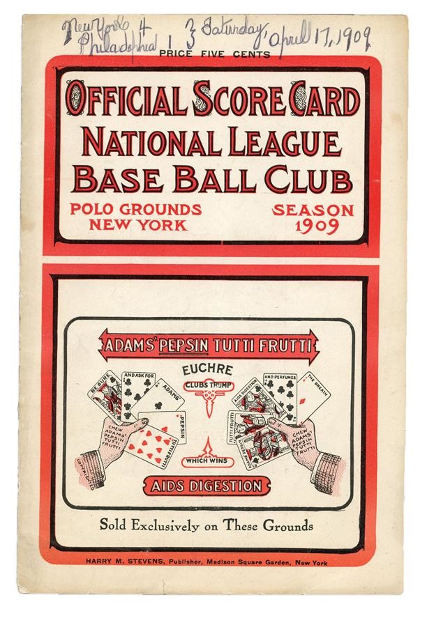 Baseball Memorabilia - 1909 Rube Marquard First Win Scorecard