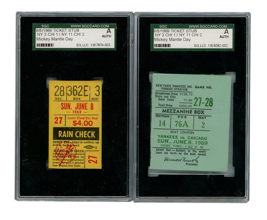 Two 1969 Mickey Mantle Day Ticket Stubs (SGC)