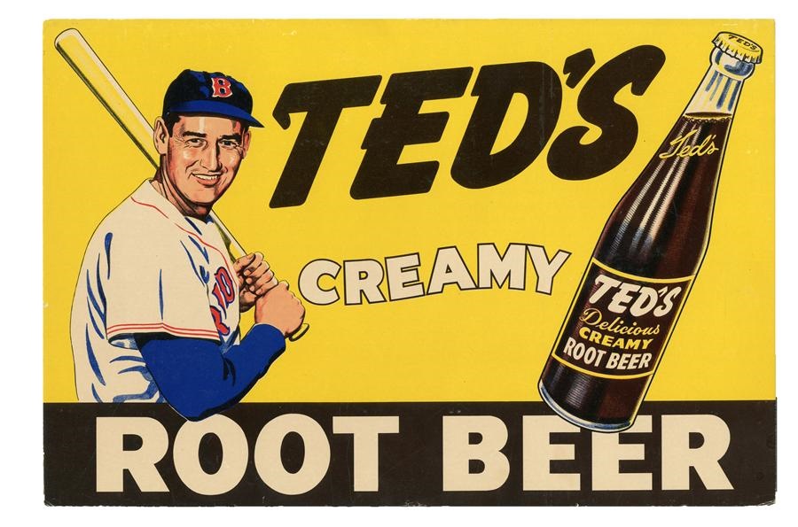 Boston Sports - High Grade 1950s Ted Williams Root Beer Cardboard Advertising Sign