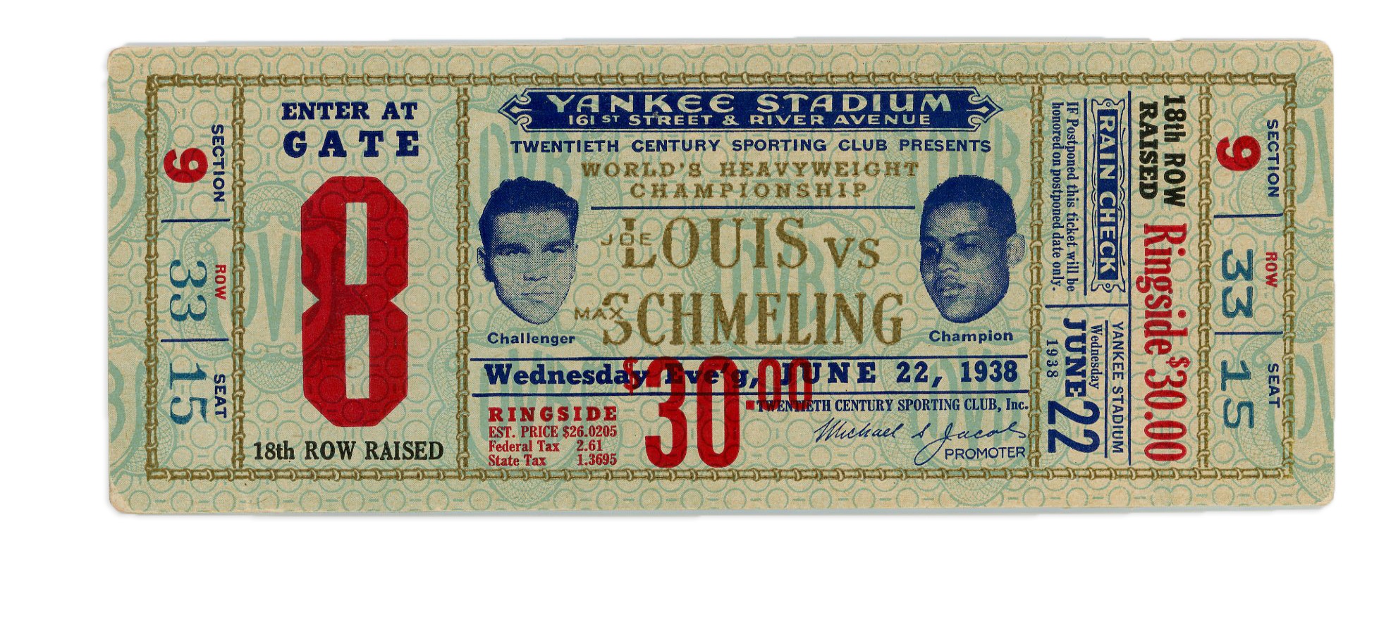 Muhammad Ali & Boxing - 1938 Joe Louis vs. Max Schmeling II Full Ticket