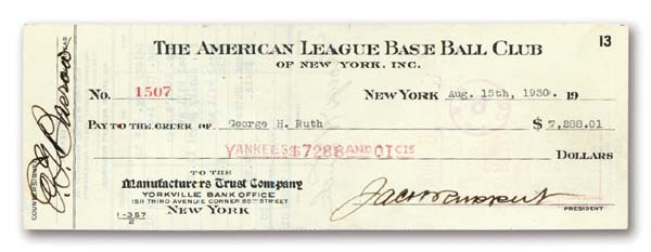 - 1930 Babe Ruth Signed Payroll Check