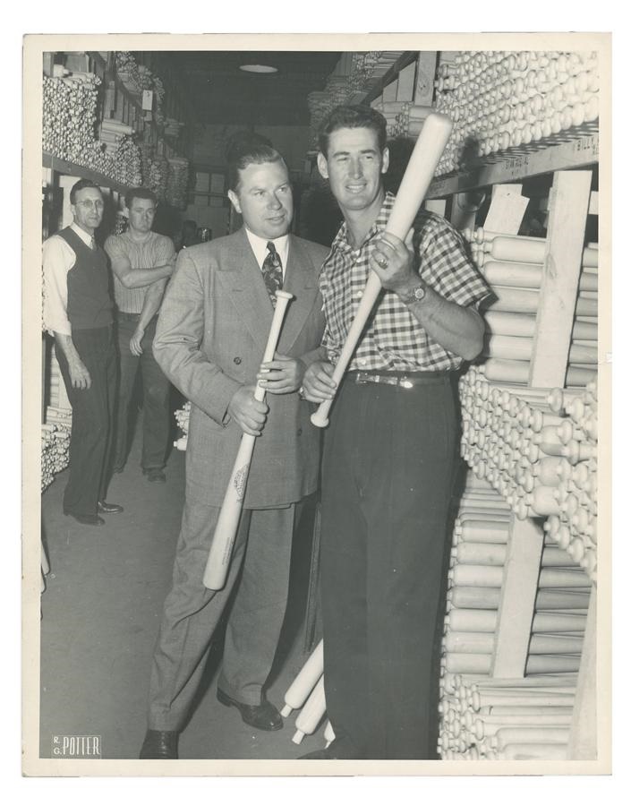 Dennis Dugan Collection of Vintage Baseball Photog - 1950s Ted Williams at the Louisville Slugger Factory Photograph