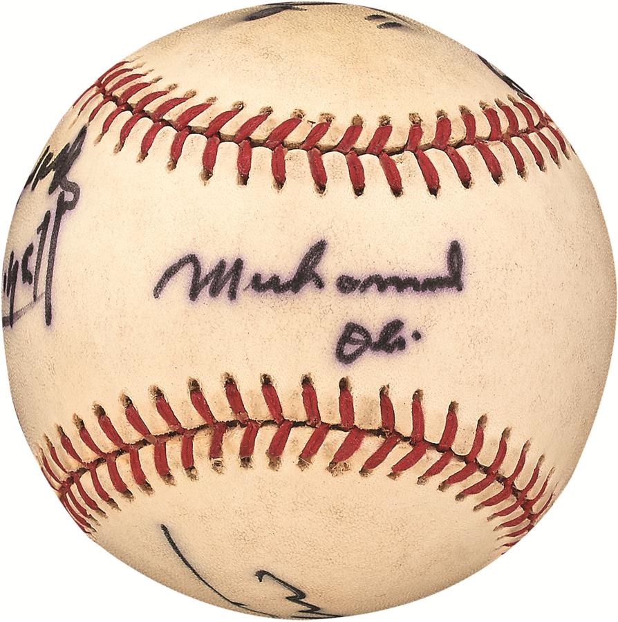 The LeRoy Neiman Collection - Ali-Frazier I Signed Baseball with Howard Cosell & Arthur Mercante (PSA/DNA)