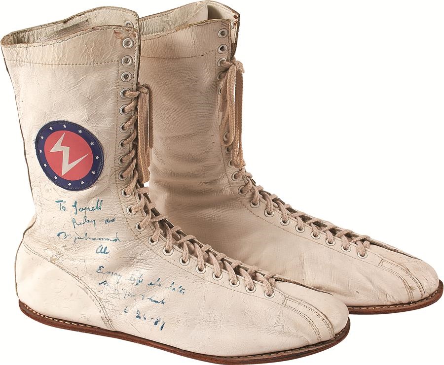 Collection of Muhammad Ali's Manager's Personal Ph - Muhammad Ali "Enjoy Life Its Later Than You Think" Ring Worn Shoes Gifted to Major Photographer (PSA/DNA)