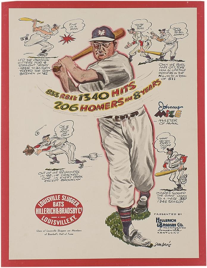 NY Yankees, Giants & Mets - Johnny Mize 1947 Hillerich & Bradsby Cardboard Advertising Sign