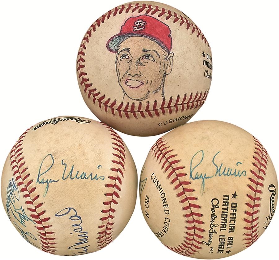 The Mike Shannon St. Louis Cardinals Collection - Roger Maris Signed Baseballs (2) and Hand-Painted Baseball (PSA)