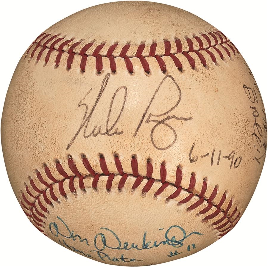 Baseball Autographs - Nolan Ryan's 6th No-Hitter Game Used Baseball Signed by Ryan & Umpires (PSA/DNA)