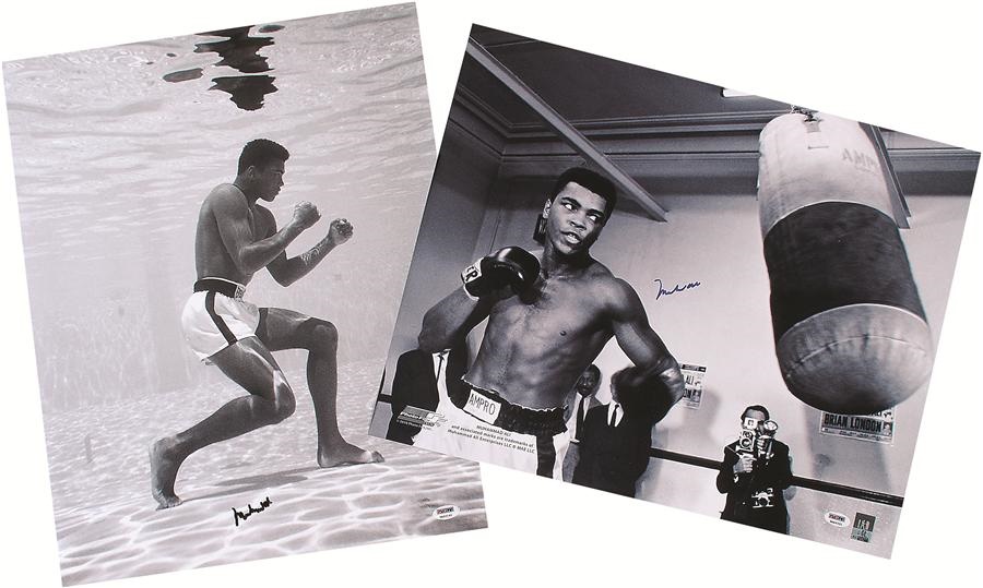 Muhammad Ali Signed 16x20 Underwater and Punching B&W Photos (PSA/DNA)