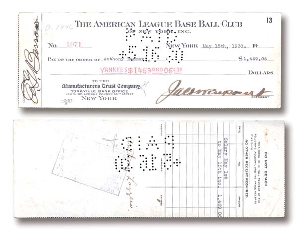 1930 Tony Lazzeri Signed Yankees Payroll Check