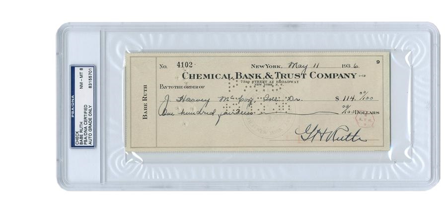 Ruth and Gehrig - 1936 Babe Ruth Signed Bank Check to Doctor (PSA/DNA 8)