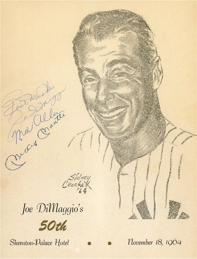 NY Yankees, Giants & Mets - 1964 Joe DiMaggio 50th Birthday Menu Signed by Mickey Mantle, Joe DiMaggio & Mel Allen (PSA/DNA)