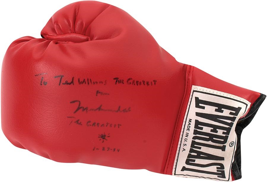 - "The Greatest" Boxing Glove Ever Signed - Presented and Inscribed from Muhammad Ali to Ted Williams (PSA/DNA)