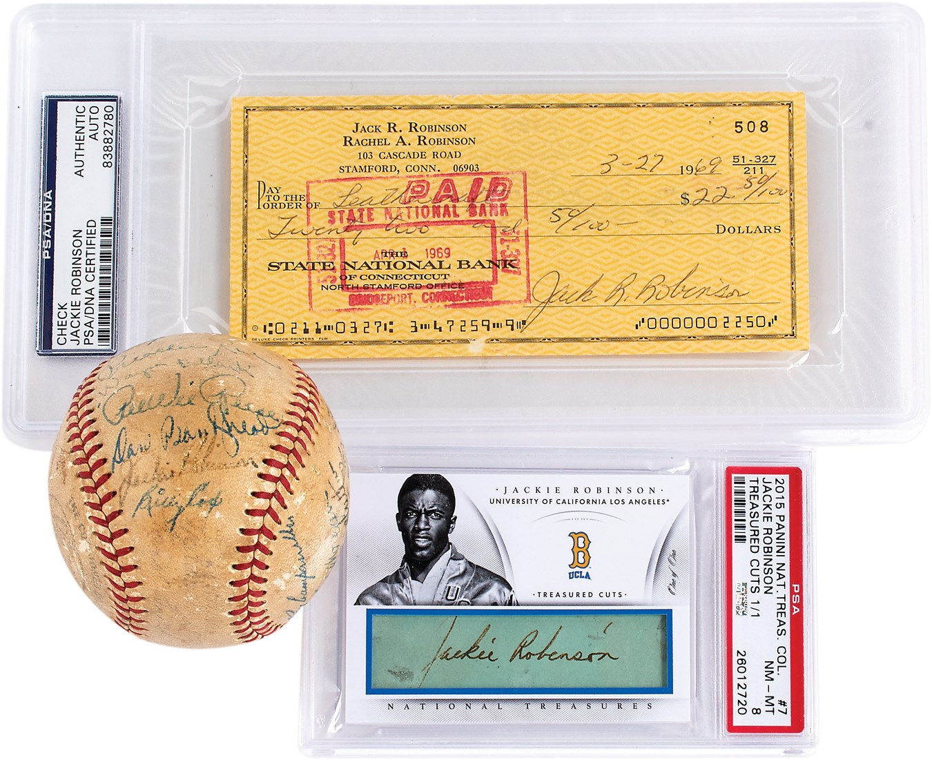 - 2015 National Treasures Jackie Robinson 1/1 Autograph Card, Signed Check & 1950 Brooklyn Dodgers Team Ball (3)